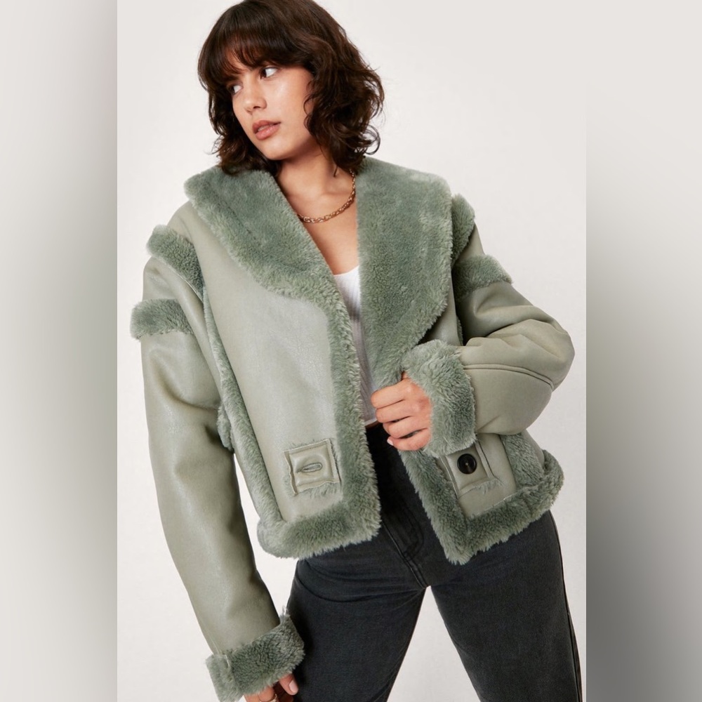 NASTY GAL Faux Fur Lined Faux Leather Aviator Jacket - Sage Green - Picture 4 of 9